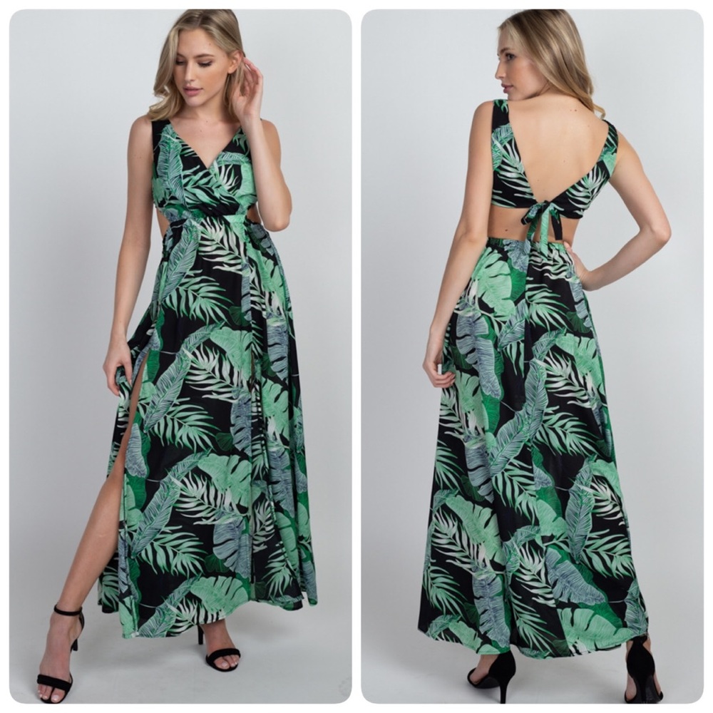 Green Palm Print Open Back Maxi Dress